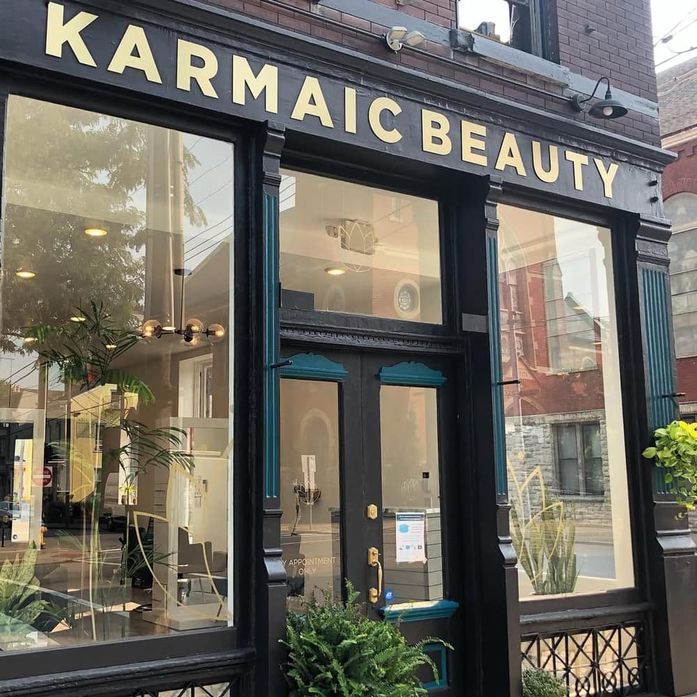 Karmaic Beauty low-tox and organic hair salon storefront in Newport, KY
