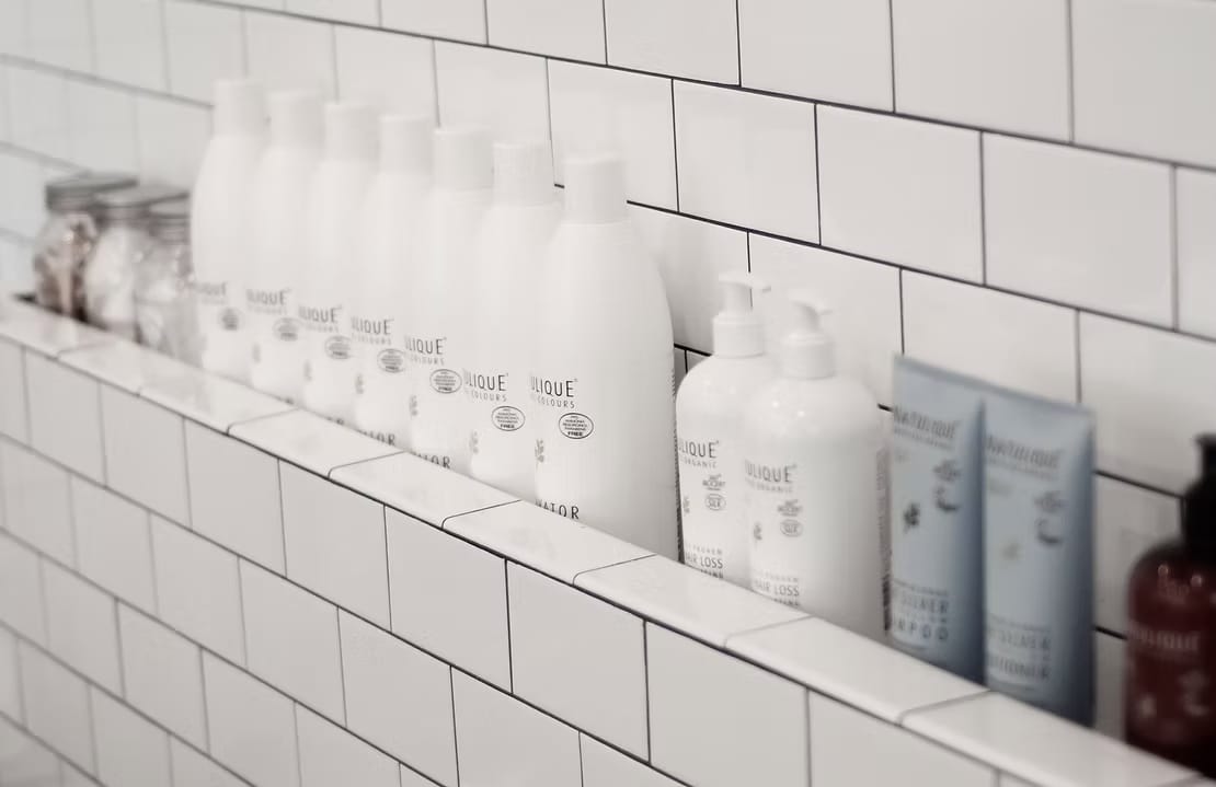 Organic hair products display at Karmaic Beauty